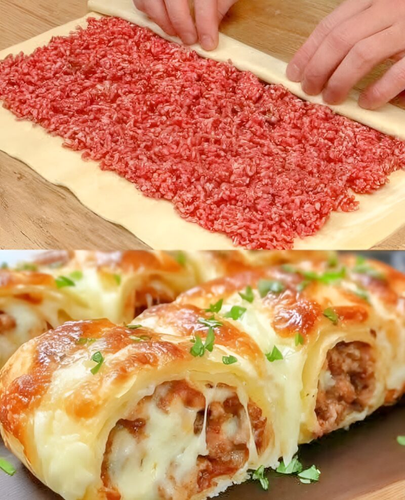 СЛОЁНОЕ ТЕСТО С МЯСНЫМ ФАРШЕМ И СЫРОМ