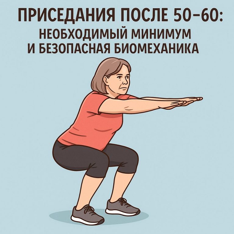 Приседания после 50-60: необходимый минимум и безопасная биомеханика Приседания после 50-60: необходимый минимум и безопасная биомеханика